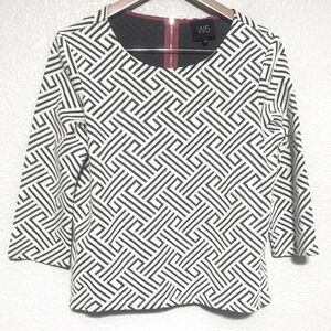 W5 Anthropologie Top Medium Black Cream Geometric Textured Knit Pullover Blouse